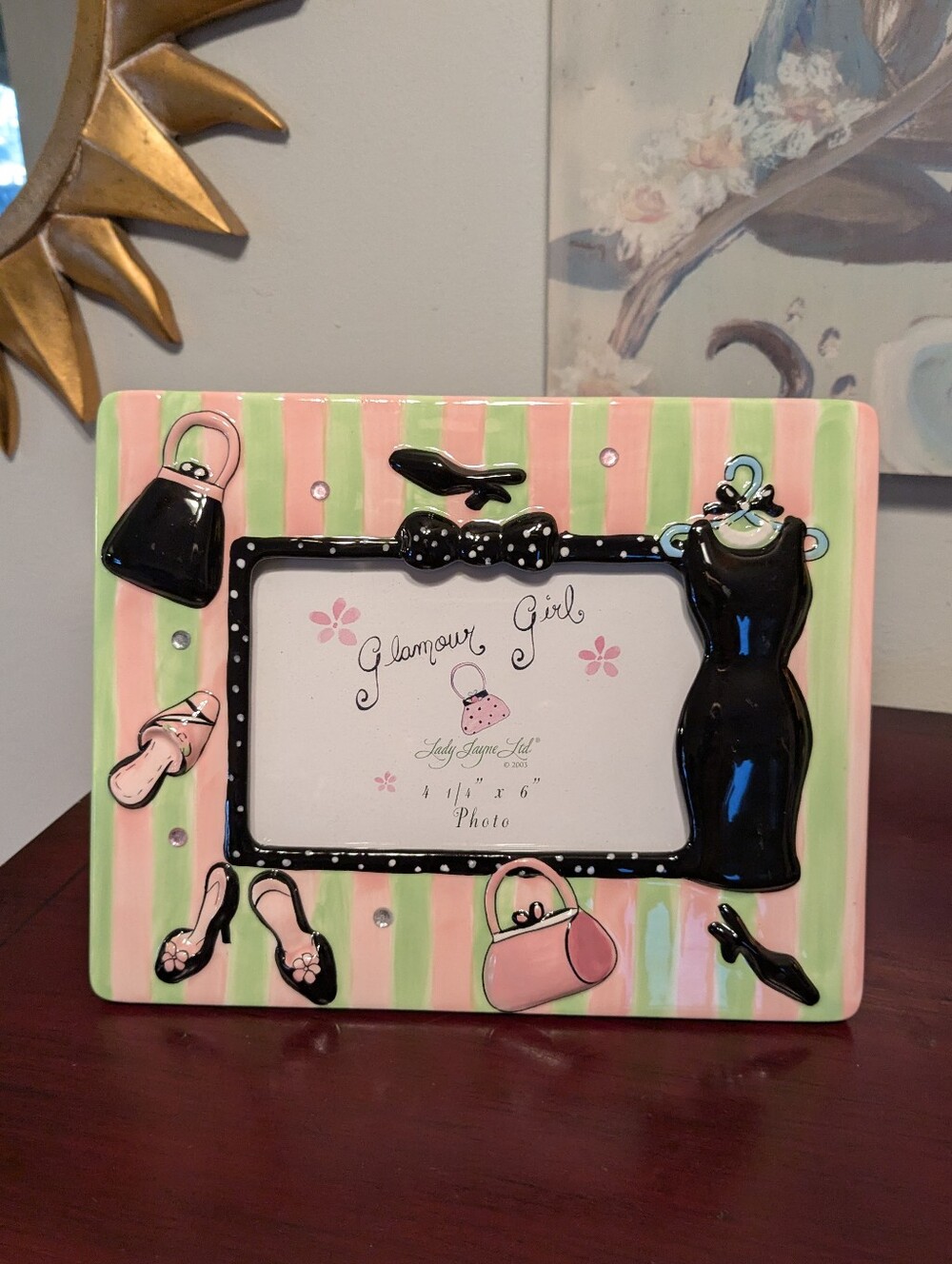 VTG Glamour Girl Ceramic Photo Frame Black Pink & Green Stripes Heels & Bags